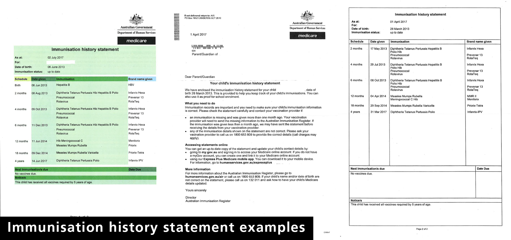 Immunisation paperwork examples